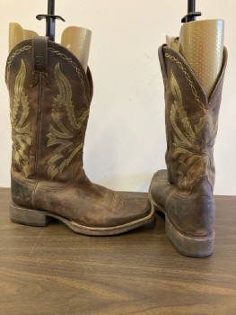Mens, Cowboy Boots , ARIAT, 11.5D, Oiled Brown Leather Square Toe, Olive/Cream Stitching