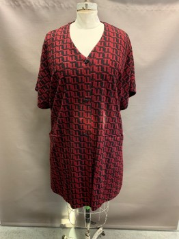 Womens, Sweater, AINO, Red Burgundy, Black, Viscose, Polyester, Abstract , XXL, V-N, Cap Sleeves, Single Breasted, Button Front, 3 Buttons, 2 Pockets