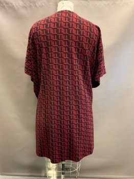 AINO, Red Burgundy, Black, Viscose, Polyester, Abstract , V-N, Cap Sleeves, Single Breasted, Button Front, 3 Buttons, 2 Pockets