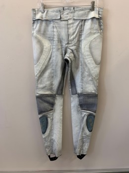Mens, Sci-Fi/Fantasy Pants, MTO, Off White, Lt Gray, Synthetic, Color Blocking, Stripes - Static , 33, Aged/Distressed, Adj VelcroTabs At Sides And Front Waistband, 2 Pckts, Stirrup Style, Zip Fly, White Padding On Sides Of Hips, Gray Netting On Silver/Blue Iridescent Patch On Shins *White Paint Is Cracking*