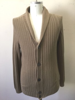 Mens, Cardigan Sweater, HUGO BOSS, Taupe, Cotton, Solid, XL, Ribbed Knit, Long Sleeves, Shawl Collar, 5 Buttons