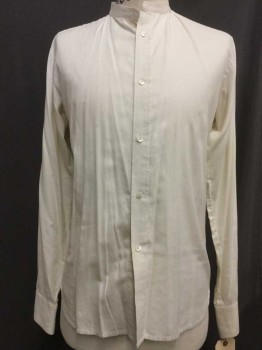 Ivory White, Cotton, Solid, Button Front, Collar Band, Long Sleeves, Stained