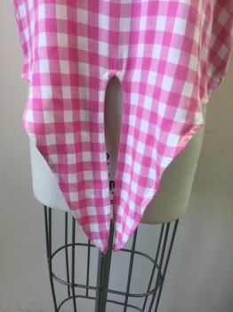 BEACH LUNCH LOUNGE, Bubble Gum Pink, White, Viscose, Gingham, Cap Sleeve, Scoop Neck, Self Ties at Center Front Waist