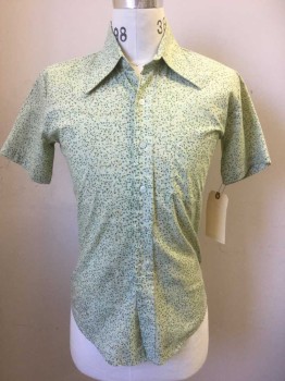 Mens, Dress Shirt, HORIZON, Avocado Green, Kelly Green, Ochre Brown-Yellow, Gray, Polyester, Cotton, Speckled, M, Short Sleeves, Button Front, Collar Attached, 1 Pocket,