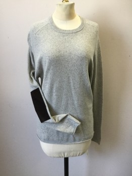Womens, Pullover, BILLY REID, Lt Gray, Black, Brown, Wool, Nylon, Speckled, S, Crew Neck, Raglan Sleeves, Rectangular Textured Leather Elbow Patches, Rolled Cuffs and Hem