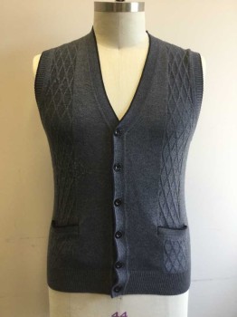 Mens, Sweater Vest, ZICAC, Slate Blue, Black, Acrylic, Polyester, Heathered, XL, V Neck, Button Front, 2 Pocket, Black Trimmed Edge Detail. Some Pilling. Diamond Textured Side Front Panels at Fron