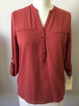 ATMOSPHERE, Dk Red, Polyester, Solid, V-neck, Button Front Placket, Pull Over, 3/4 Sleeves, Collar Band