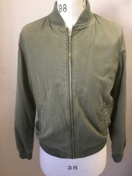 Mens, Casual Jacket, ZARA, Olive Green, Cotton, Solid, M, Zip Front, 2 Pockets, Ribbed Knit Collar, Waistband, Cuff