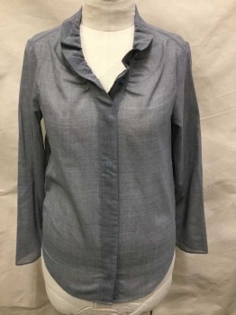 Womens, Blouse, COS, Gray, Polyester, Solid, 10, Sheer/Lightweight Fabric, Long Sleeve, Hidden Button Placket at Front, Self Ruffled V-neck