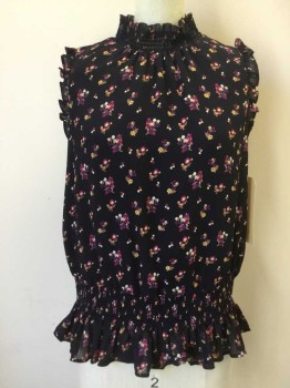 J CREW, Midnight Blue, Magenta Purple, Ochre Brown-Yellow, Polyester, Floral, Pullover, Elastic Smocking and Ruffle at Neck and Waistband, Sleeveless with Ruffle Trim, Lined
