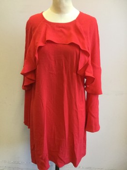 Womens, Dress, Long & 3/4 Sleeve, BCBG, Red, Polyester, Viscose, Solid, S, Red, Round Neck, with Ruffle Work on Neck & Long Sleeves, Key Hole Back, with 1 Colver Button, Pullover