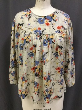 GREAT, Beige, Dusty Blue, Red, Mustard Yellow, Black, Silk, Floral, Round Neck, Button Back Collar, 3/4 Sleeves with Elastic Cuffs, Round Yoke, Peasant Shape