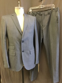 GALANTE, Steel Blue, Gray, Wool, Stripes - Chalk , Single Breasted, 2 Buttons, Notched Lapel, 4 Pockets, Top Stitch,