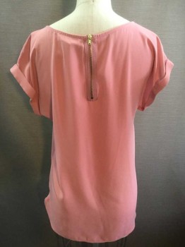 PINK ROSE, Blush Pink, Polyester, Solid, Cuffed Short Sleeves,  Scoop Neck,  1/4 Zipper Center Back,