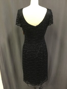 Womens, Cocktail Dress, TALBOTS, Black, Nylon, Rayon, Dots, B:36, 8/10, W:29, Round Neck, Short Sleeves, Below Knee, Back Zipper, Lined Dotted Lace, Ribbon and Bow at Yoke Line, Scoop Back