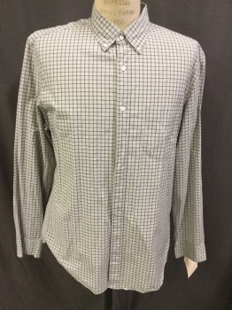 Mens, Casual Shirt, J CREW, Lt Gray, Teal Blue, Dk Olive Grn, Cotton, Grid , L, Button Front, Long Sleeves, Button Down Collar, 1 Pocket,
