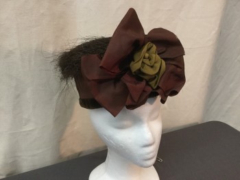 SUPERBE, Brown, Olive Green, Straw, Silk, Solid, Tall Brimless Straw with Velvet Edge Trim, Pleated Grosgrain Ribbon Crown and Bow, Horse Hair Halo, Olive Rose,