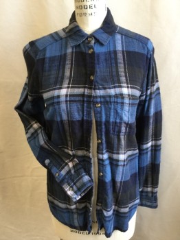 Womens, Shell, AMERICAN EAGLE, Black, Teal Blue, Gray, Off White, Turquoise Blue, Cotton, Plaid, XS, Collar Attached, Button Front, 1 Pocket, Long Sleeves,