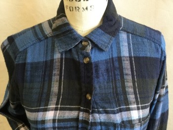 Womens, Shell, AMERICAN EAGLE, Black, Teal Blue, Gray, Off White, Turquoise Blue, Cotton, Plaid, XS, Collar Attached, Button Front, 1 Pocket, Long Sleeves,