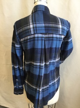 AMERICAN EAGLE, Black, Teal Blue, Gray, Off White, Turquoise Blue, Cotton, Plaid, Collar Attached, Button Front, 1 Pocket, Long Sleeves,