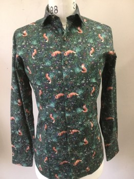 BAR III, Green, Forest Green, Coral Orange, Gray, Cotton, Animal Print, Forest and Fox Print, Collar Attached, Button Front, Long Sleeves,
