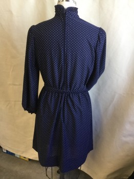 LADY CAROL, Navy Blue, Off White, Polyester, Polka Dots, L/S, Stand Collar With Ruffles, Elastic Waist, Vertical Pleats At CF Bust, Zip In Back, Knee Length, **With Matching Belt