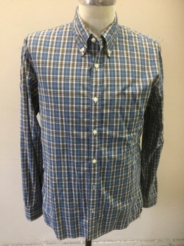 BROOKS BROTHERS, Blue, White, Brown, Cotton, Plaid, Long Sleeves, Button Front, Button Down Collar, 1 Pocket,