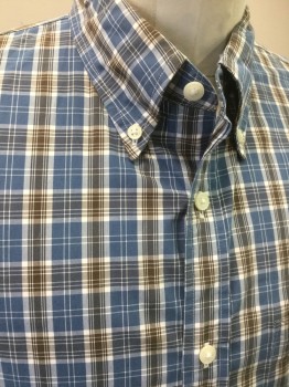 BROOKS BROTHERS, Blue, White, Brown, Cotton, Plaid, Long Sleeves, Button Front, Button Down Collar, 1 Pocket,
