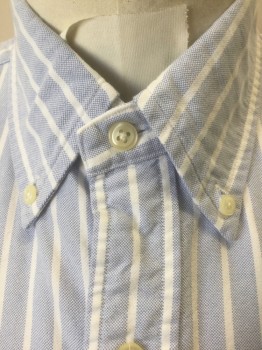 RALPH LAUREN, Lt Blue, White, Cotton, Stripes - Vertical , Oxford Weave, Light Blue with White 1/8" Thin Vertical Stripes, Short Sleeve Button Front, Collar Attached, Button Down Collar, Polo Embroidered Logo at Chest