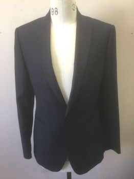 Mens, Suit, Jacket, JOHN VARVATOS, Midnight Blue, Black, Wool, Stripes - Static , 38R, Midnight with Black Broken/Streaked Stripes Pattern, Single Breasted, Peaked Lapel, 1 Button, 3 Pockets, Dark Blue Lining with Self Fleur De Lis Repeating Pattern, High End