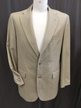 BROOKS BROTHERS, Khaki Brown, Cotton, Polyester, Solid, with Beige Upper Top Lining, Notched Lapel, Single Breasted, 2 Button Front, 3 Pockets
