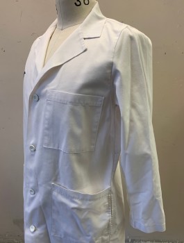 META, White, Poly/Cotton, Solid, 4 Buttons, 3 Pockets, Notched Lapel, Navy Embroidered Medical Symbol on Chest, Belt Applique in Back with Pleats