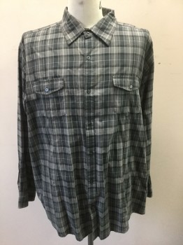 JF/J.FERRAR, Gray, Dk Gray, Black, Lt Gray, Cotton, Plaid, Long Sleeve Button Front, Collar Attached, 2 Pockets with Button Flap Closures