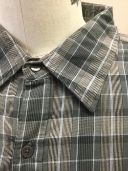 JF/J.FERRAR, Gray, Dk Gray, Black, Lt Gray, Cotton, Plaid, Long Sleeve Button Front, Collar Attached, 2 Pockets with Button Flap Closures
