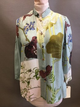 CITRON, Mint Green, Chartreuse Green, Olive Green, Red Burgundy, Blue, Silk, Rayon, Floral, Multi Color Floral, Button Front, Collar Band, Long Sleeves,