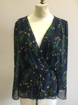 SAM & LAVI, Navy Blue, Yellow, Green, Rayon, Floral, Navy with Yellow/Green Flowers, Surplice Top, Attached Self Spaghetti Strap Belt, Peplum, Sheer Floral Layer Over Solid Blue Layer, Sheer Bell Long Sleeves