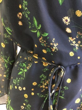 SAM & LAVI, Navy Blue, Yellow, Green, Rayon, Floral, Navy with Yellow/Green Flowers, Surplice Top, Attached Self Spaghetti Strap Belt, Peplum, Sheer Floral Layer Over Solid Blue Layer, Sheer Bell Long Sleeves