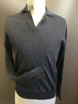 Mens, Pullover Sweater, ZARA MAN, Dk Gray, Wool, Solid, Small, Long Sleeves, Knit, Collar Attached, Right Side Cut Open at the Bottom
