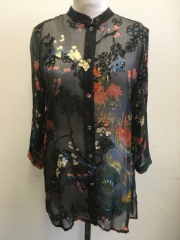 CITRON, Black, Red, Blue, Green, Rayon, Silk, Floral, Burnout Floral Pattern with Floral Print, Sheer, Button Front, Band Collar, 3/4 Sleeve, Side Slits