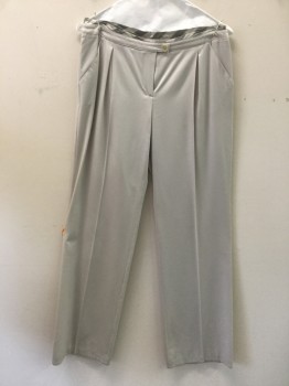 Womens, Slacks, EMPORIO ARMANI, Putty/Khaki Gray, Gray, Wool, Polyester, Solid, 6, W 30, Pleated Front, 2 Side Pocket, 2 Welt Back Pocket with Putty/Gray Diagonal Stripe Trim, Waistband with Gray/Putty Diagonal Stripe Trim, Button Tab Closure, Zip Fly