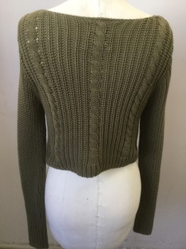 URBAN OUTFITTERS, Olive Green, Cotton, Cable Knit, Wide Neck, Long Sleeves, Ribbed & Cable Knit