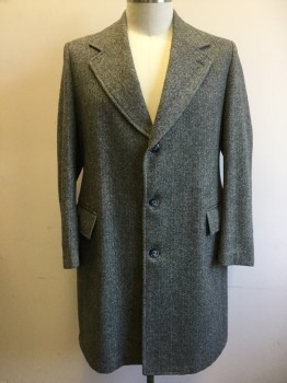 Mens, Coat, Overcoat, JCPENNEY, Black, White, Wool, Herringbone, 44, Single Breasted, Collar Attached, Notched Lapel, 2 Pockets