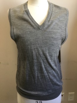 Mens, Sweater Vest, EXPRESS, Heather Gray, Wool, Heathered, M, V-neck, Pull Over