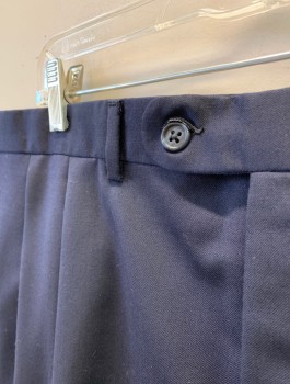 JACK VICTOR, Navy Blue, Wool, Solid, Double Pleated, Button Tab Waist, Relaxed Leg, 4 Pockets, Belt Loops