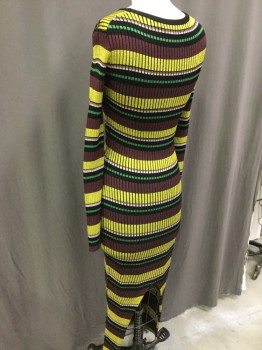 Womens, Dress, Long & 3/4 Sleeve, OPENING CEREMONY, Black, Yellow, Green, Pink, Plum Purple, Viscose, Cotton, Stripes - Horizontal , S, Rib Knit, Long Sleeves, Funky Ric Rac Pattern Center Front, Crew Neck, Pull Over