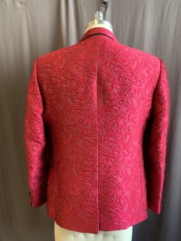 Mens, Suit, Jacket, DOLCE & GABBANA, Raspberry Pink, Polyester, Acetate, Swirl , 38S, Swirling Brocade, Single Breasted, Collar Attached, Peaked Lapel, 2 Black Fabric Covered Buttons, 3 Pockets, (fabric Fraying at Center Front and Elsewhere)