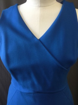 Womens, Cocktail Dress, CLASSIQUES ENTIER, Royal Blue, Rayon, Spandex, Solid, XL, V-neck, Sleeveless, Sewn Down Pleat Detail, Fitted, Back Zipper,