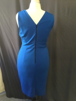 Womens, Cocktail Dress, CLASSIQUES ENTIER, Royal Blue, Rayon, Spandex, Solid, XL, V-neck, Sleeveless, Sewn Down Pleat Detail, Fitted, Back Zipper,