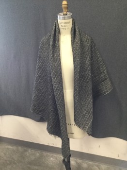 NL, Black, White, Wool, Novelty Pattern, Thick Wool Shawl, Almost Square, Raw Edge,