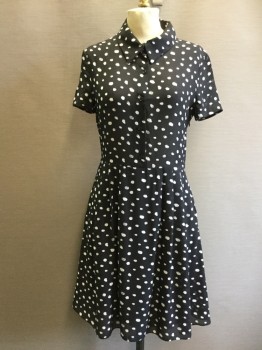 Womens, Dress, Short Sleeve, WAYF, Black, White, Polyester, Dots, S, Black with White Dots, Button Front Top, Collar Attached, Short Sleeves, Sheer Top, Pleated Skirt, 2 Pockets, Side Zip